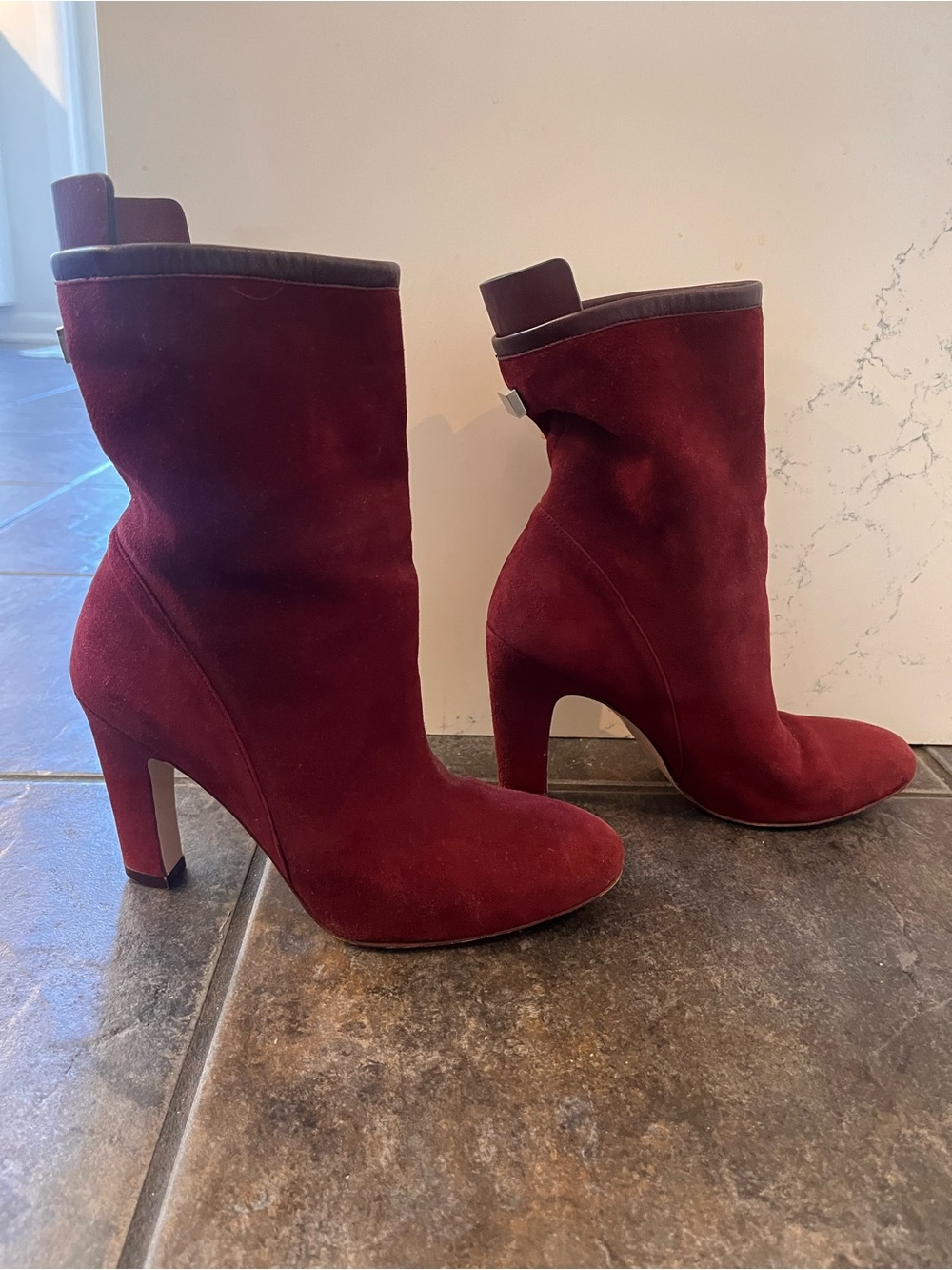 Stuart Weitzman Wine Red Suede Mid-Calf Heeled Boots